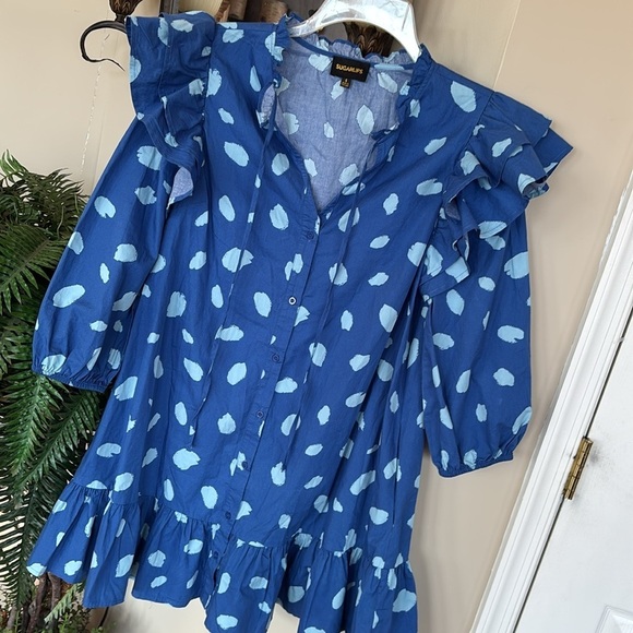 NWOT Sugarlips Odessa Dot Sammy Ruffle Drop Waist Dress Balloon Sleeves Cotton - Picture 6 of 16